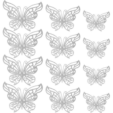 Lot de 12 papillons 3D ajourés décoratifs, autocollants muraux polyvalents et imperméables, 3 tailles disponibles pour la décoration de fond. Légers et résistants.-Silvery (1/5)