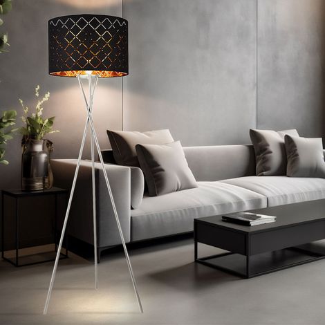Stehlampe Textilschirm schwarz gold Beistellleuchte 3 Bein Stativleuchte Textil, Nickel matt, E27 Fassung, DxH 62x158 cm
