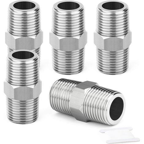 5PCS 304 raccord hexagonal en acier inoxydable, 1/4" BSP mâle x 1/4" BSP mâle, adaptateur pour tuyaux (1/5)