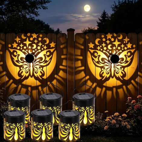 Lot de 6 lampes solaires murales – Projecteur décoratif, IP65 étanche – Métal, motif papillon – Idéal pour pelouse, jardin et clôture – Lumière chaude (1/5)