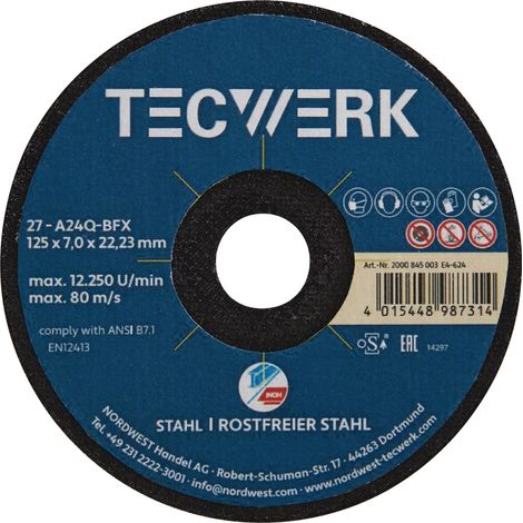 Disque ébavurage Premium 2en1 D125xS7mm coudé INOX/acier Alésage 22,23mm TECWERK (1/3)