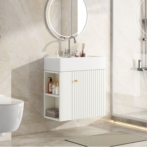 Mobile bagno sospeso con lavabo da 55 cm e vani laterali, bianco DESVIAE (1/5)