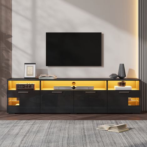 Meuble TV - 180 x 35 x 45 cm - led rgb app portes laque brillant vitrine verre trempé salon style moderne MDF noir (1/5)