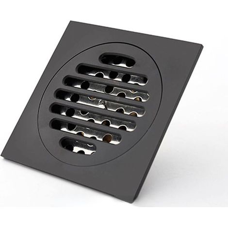 Caniveau de douche carré de 10 cm en laiton noir mat, anti-odeurs, pour baignoire et douche, grille de drainage, siphon de douche, filtre à cheveux, couvercle de siphon de douche extérieur (1/4)
