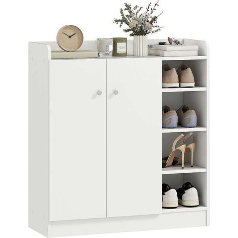 Scarpiera Ingresso con 4 Ripiani Aperti, Scarpiera Armadio Multiuso con Armadietto a 2 Ante e Ripiani Regolabili, Porta Scarpe Salvaspazio per 12 Paia, 83x30x90 cm, Bianco (1/5)