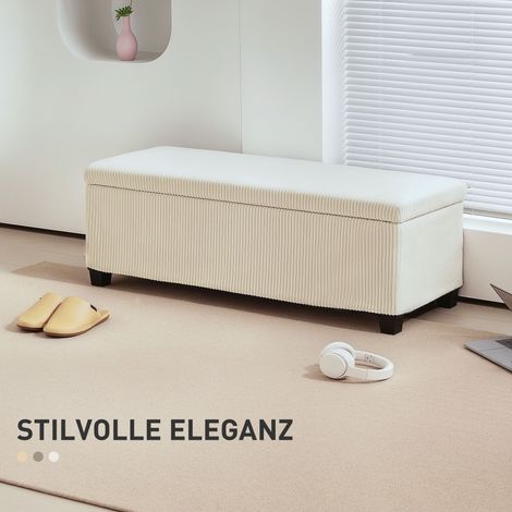 Banc de rangement beige en velours côtelé et acier, design moderne, coffre de rangement pour entrée ou salon (1/4)