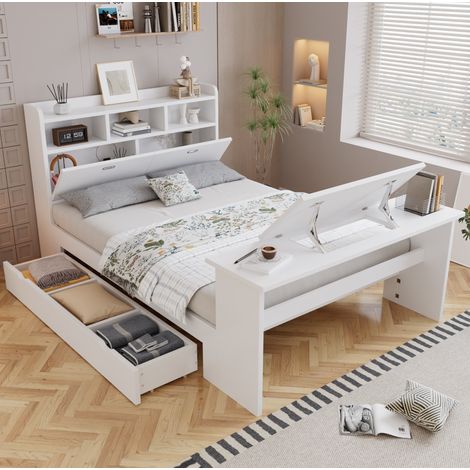 Cama juvenil con almacenamiento (264x147.5x120 cm), con mesa plegable, cajón lateral, madera, blanco (1/5)