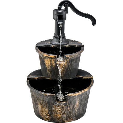 Fontaine de jardin en cascade style rustique 2 étages 45,5 x 41 x 68 cm, fontaine tonneau en PP avec pompe, débit d’eau réglable à 2 vitesses pour terrasse et pelouse (1/5)