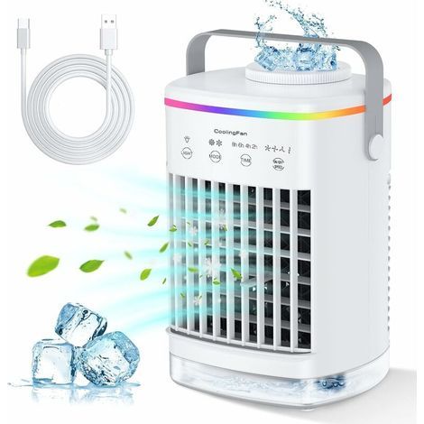 Rafraîchisseur d'air mobile 700 ml – 4 vitesses – Autonomie 5h – Ventilateur USB pour espaces personnels – Bac à glaçons inclus (1/5)
