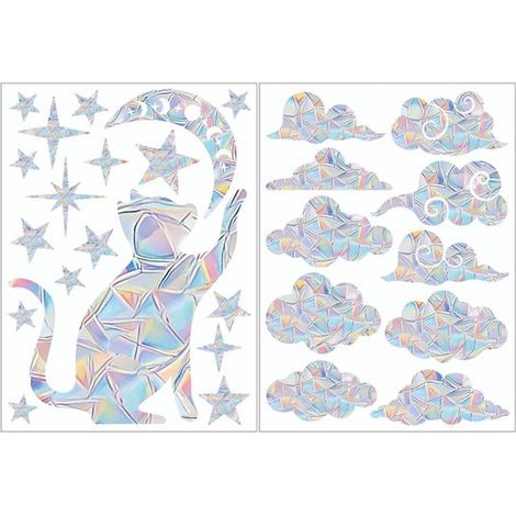 1 lot - Autocollants de fenêtre anti-collision pour oiseaux et attrape-soleil - Motif chat + ciel étoilé + nuages (1/5)