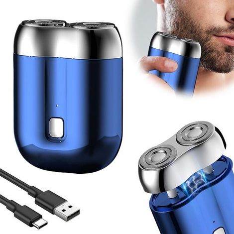 Mini-Elektrorasierer mit zwei Scherköpfen – Taschenformat – Abwaschbarer Doppelscherkopf – Nur für Herren – Wiederaufladbar und kompakt – Blau