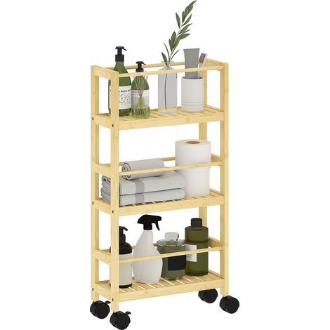 Étagère de salle de bain 3 niveaux sur roulettes en bambou, 36 x 15 x 73 cm, couleur bois (1/5)