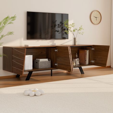 Meuble TV avec 2 Portes et 1 Étagère Ouverte, Gestion des Câbles, Style Moderne, en MDF, 160×39×50,5 cm, Noyer (1/5)