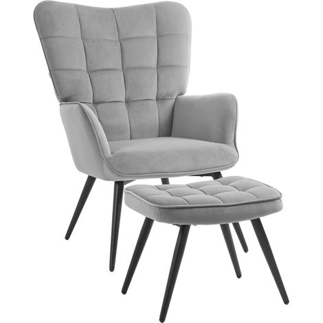 Fauteuil Oreilles Velours Gris Clair avec Repose-Pieds 120 kg Salon Relaxation TV Salle à Manger (1/5)