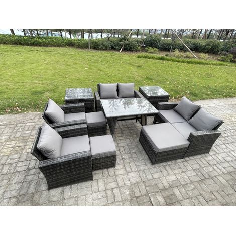 Fimous Garden Furniture Sets 10 Pieces Wicker Rattan Furniture Manual Wicker Patio Sofa Patio Conversation Set with 3 Footstools 2 Side Tables Dark Grey Mixed (1/5)
