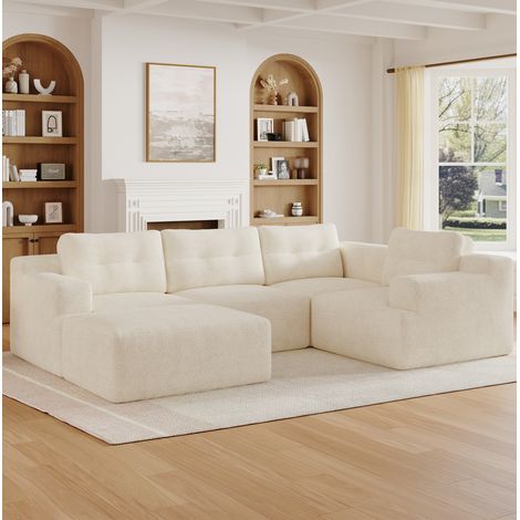 Canapé modulaire 252/180/82 cm beige en chenille, composition en U ou en L avec pouf et structure en mousse (1/5)