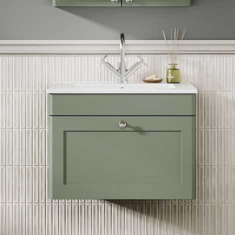 Nuie Classique Wall Hung 1-Drawer Vanity Unit with 1TH Minimalist Basin 600mm Wide - Satin Green (1/5)