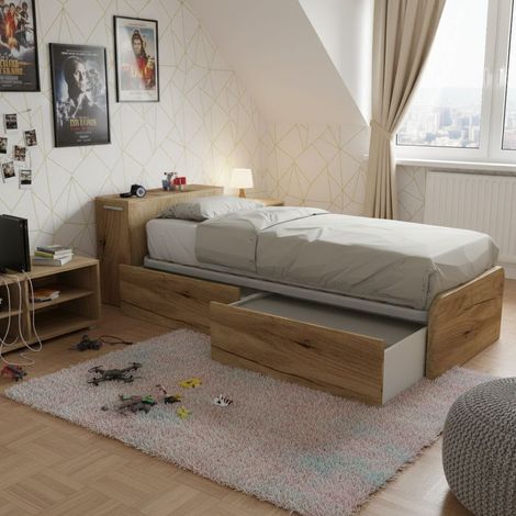 Letto singolo salvaspazio con cassetti e testata contenitiva - Quercia (1/5)