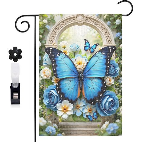 Drapeau de jardin Welcome et papillon bleu transparent 30 x 45 cm décoration extérieure jardin (1/5)