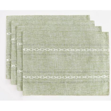 Set 4 dessous plat lin coton vert sauge – 30x45 cm, brodés – Résistant chaleur – Design ajouré (1/5)