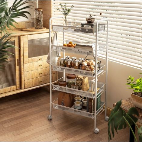 Carrito de cocina de 5 cestas de malla, 4 ganchos, 4 ruedas, acero y plástico, blanco DESVIAE (1/5)
