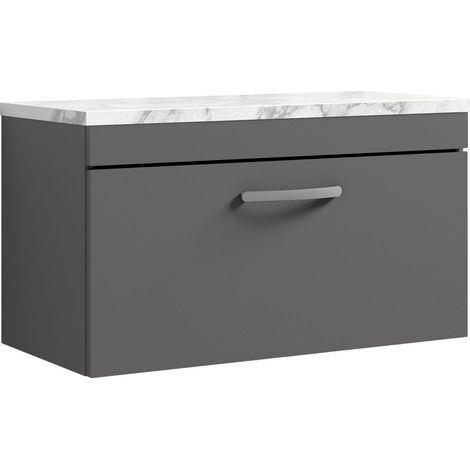 Millwich Contemporary 1 Drawer Wall Hung Vanity Unit with Laminate Carrara Marble Worktop, Gloss Grey, 800mm