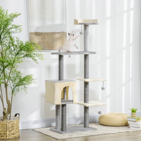 156 cm hoher Katzenkratzbaum mit Bett, Häuschen und Kratzstämmen aus Sisal, Holz und Plüsch, Grau und Beige