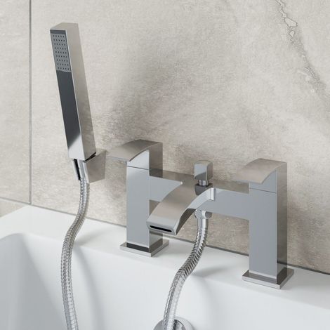 Bathroom Bath Shower Mixer Filler Tap Brass Curved Spout Handset Hose Chrome