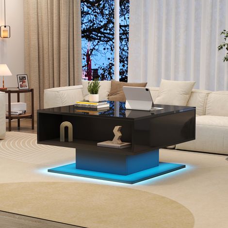 Mesa de centro elevable 80x75x40 cm negra en aglomerado brillo con LED y almacenaje (1/5)