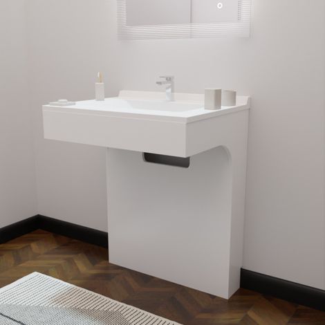 Cuisibane – Meuble double vasque PMR 70 cm – Finition laquée blanc brillant – Corps MDF 16 mm – Siphon déporté recommandé pour fauteuil roulant