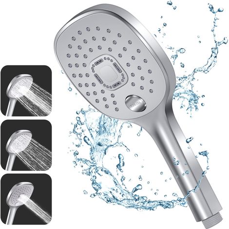 Pommeau Douche, 3 Types de Jets avec Poignée Durable et Buse en Silicone Respectueuse de l'environnement, Grand Pommeau de Douche Argenté (Pommeau de Douche sans Tuyau) (1/5)