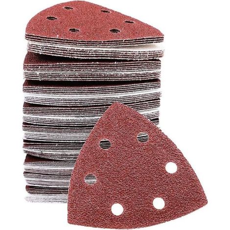 Paquete de 100 hojas abrasivas triangulares de 90 mm – Granulometría surtida 60/80/100/120/240 – Para lijar madera, metal y plástico – Resistente al agua (1/5)