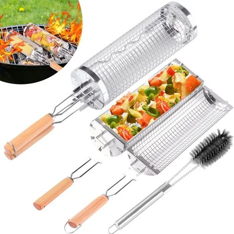 Lot de 2 paniers de barbecue en acier inoxydable avec doubles poignées en bois design à ouverture latérale avec brosse de nettoyage (1/5)