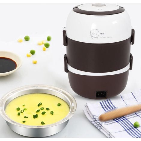 Elektrisch Lunchbox, Mini Reiskocher Tragbare Heizung Brotdose Steamer Dampfgarer 3 Schicht 2L Edelstahl Innentopf