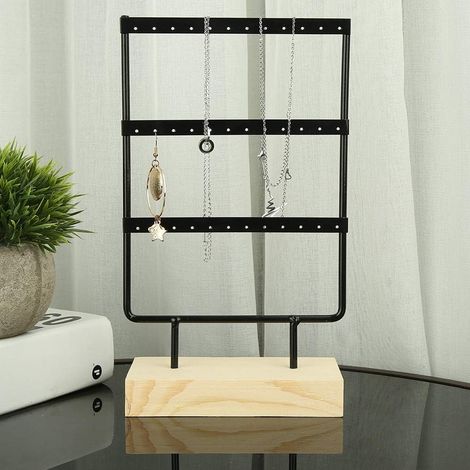 Wooden Jewelry Display Stand with 36 Holes and Metal Hooks - Vintage and Minimalist Earring and Necklace Organizer for Elegant Storage (1/5)