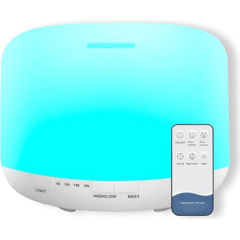 Diffuseur d'huiles essentielles 500 ML avec 7 LED colorées, humidificateur et purificateur d'air, Fonction aromathérapie, Complet avec télécommande et Mesure (1/4)