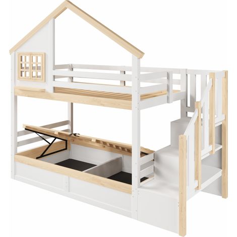 Litera infantil 90x200 cm con espacio de almacenamiento bajo la cama, blanco y natural (1/5)