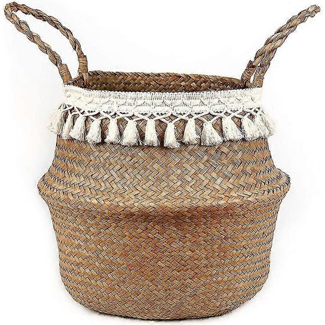 Panier à plantes tressé en jonc de mer - Jardinière en osier style ventre - Décoration intérieure (1/5)