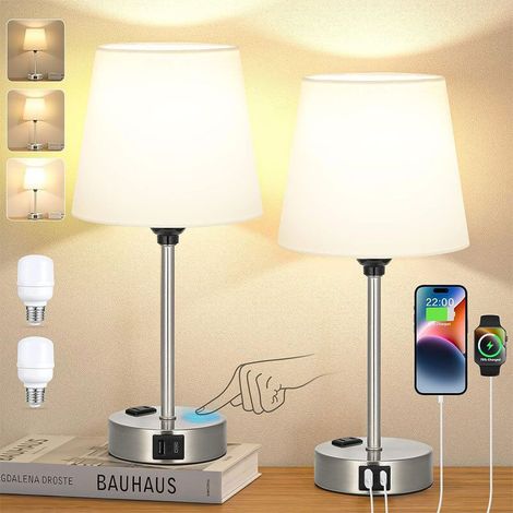 Lampe de chevet tactile ACKERMAN avec ports USB-A, USB-C et prise AC, 2 ampoules, 3 niveaux d’intensité, abat-jour en lin blanc, base argent givré, pour chambre, salon, chambre d’enfants ou bureau (1/5)