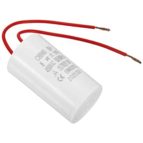 Condensateur CBB60 8uF 450V AC 2 fils 12cm 50-60Hz Film polypropylène Plastique pour Pompe à eau Blanc 1Pcs