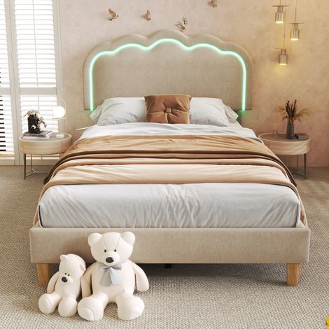 Lit simple capitonné 90x200 cm avec LED, tête de lit réglable, sommier à lattes, idéal chambre enfant ou amis, revêtement en lin, beige