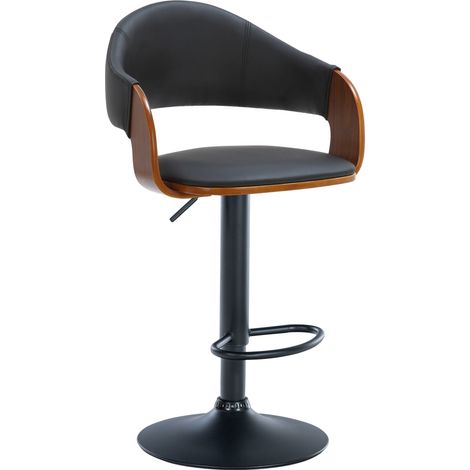 Sgabello da bar dal design retrò chic con seduta in PVC nero e legno di noce e base in metallo nero 100005292