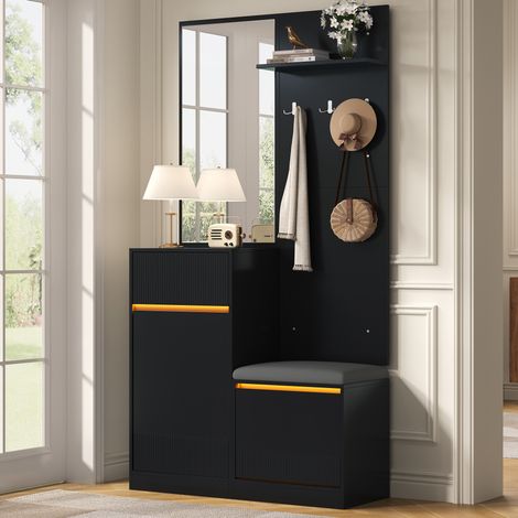 Garderoba con scarpiera e specchio 105x38x190 cm, con illuminazione LED, seduta, MDF e truciolare nero (1/5)
