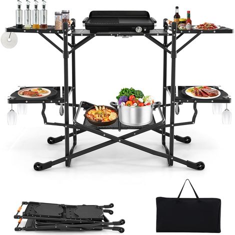 GOPLUS Table Pliante d’Extérieur-Table de Cuisine de Camping avec 4 Tablettes d'Appoint-Sac de Transport-Plateau en Aluminium Noir (1/4)