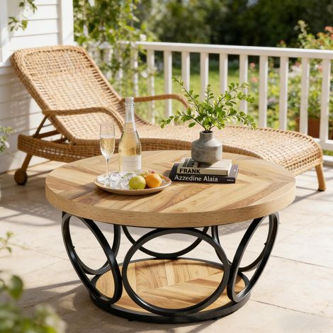 Table basse ronde 80 cm noire et marron en bois et métal avec rangement à 2 niveaux (1/5)