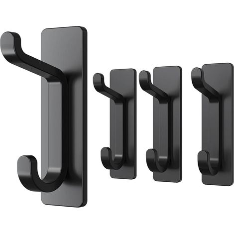 Adhesive wall hook, bathroom towel rack, kitchen towel hanger, wall mount without drilling, black, 4 pieces (1/5)