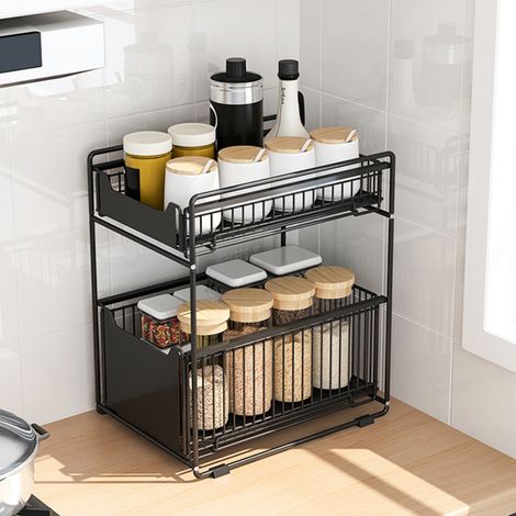 Skecten Cesta de almacenamiento deslizante de metal para cocina,Cajón organizador de 2 niveles para debajo del fregadero,con Cajón Extraíble Estante de Almacenamiento para Especias Bocadillos Negro