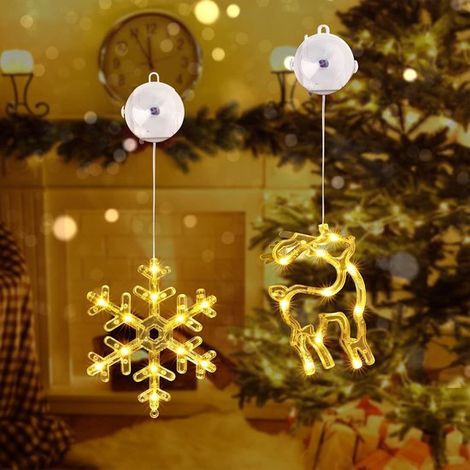 Deux guirlandes lumineuses d'intérieur, lumière blanc chaud, à piles, avec ventouses, idéales pour les décorations de Noël, les fêtes, les mariages (sapins de Noël), motif rennes et flocons de neige. (1/5)