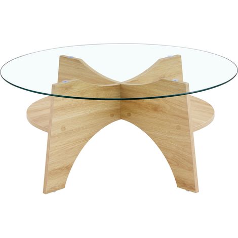 CHICFURN Mesa de centro redonda de cristal 80 cm transparente, MDF efecto madera para salón (1/5)