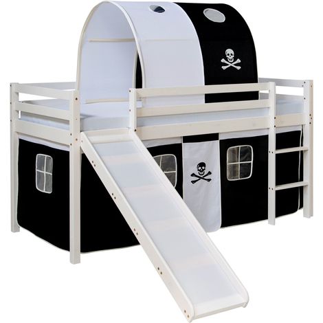 Letto a soppalco per bambini con rete a doghe scivolo tunnel tenda design pirata nero 90x200 cm LIT06196